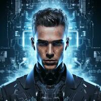 a man in a futuristic suit standing in front of a futuristic background generative ai photo