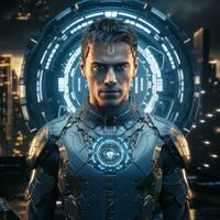 a man in a futuristic suit standing in front of a futuristic city generative ai photo