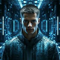 a man in a futuristic suit standing in front of a futuristic background generative ai photo