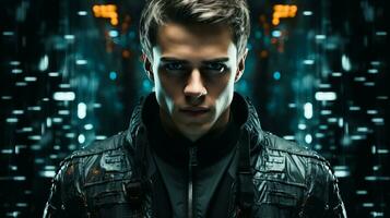 a man in a leather jacket standing in front of a city background generative ai photo