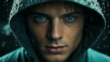a man in a hoodie with rain drops on his face generative ai photo