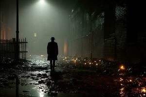 un hombre en un sombrero camina mediante un oscuro callejón a noche generativo ai foto