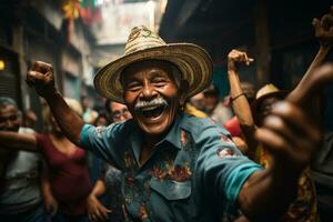 a man in a straw hat and blue shirt is dancing in a crowded street generative ai photo
