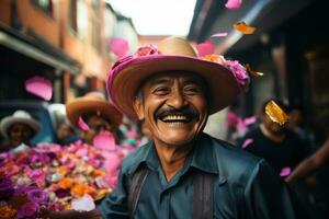 un hombre en un mexicano sombrero sonrisas como él camina abajo el calle generativo ai foto