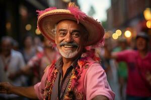 un hombre en un rosado camisa y sombrero bailando en el calle generativo ai foto