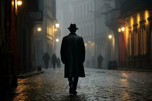 a man in a trench coat walks down a cobblestone street at night photo