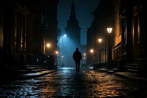 a man is walking down a cobblestone street at night photo