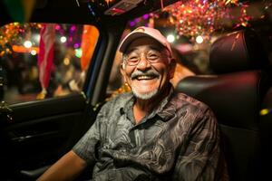a man smiles while sitting in the back seat of a car generative ai photo