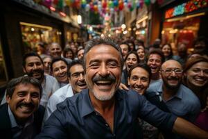 un hombre tomando un selfie con un grupo de personas generativo ai foto