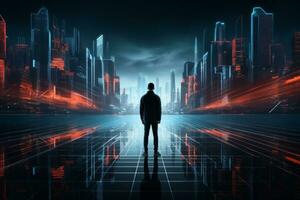 a man standing in front of a futuristic city at night generative ai photo