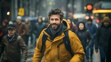 a man with a beard and a yellow jacket walking down the street generative ai photo