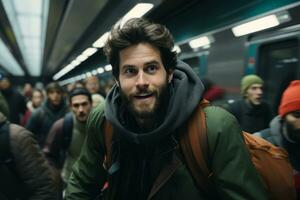 a man with a beard and backpack on a subway train generative ai photo
