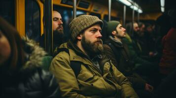 un hombre con un barba sentado en un autobús generativo ai foto