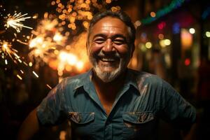 un hombre con un barba sonrisas mientras participación bengalas generativo ai foto