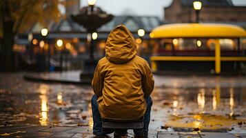 a person sitting on a bench in the rain generative ai photo