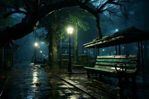 a park bench in the rain at night generative ai photo