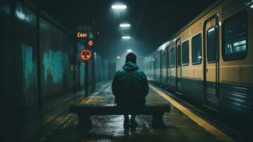 a person sitting on a bench in front of a train generative ai photo