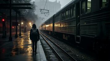 un persona caminando en un tren pista a noche generativo ai foto