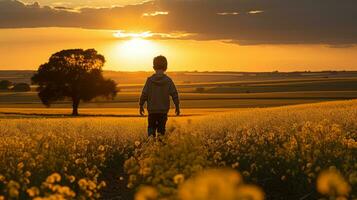 a person walking through a field of yellow flowers at sunset generative ai photo