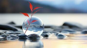 a plant is sitting on top of a glass ball in the water generative ai photo