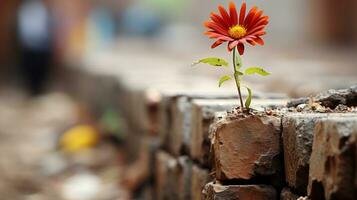 un rojo flor creciente fuera de un ladrillo pared generativo ai foto