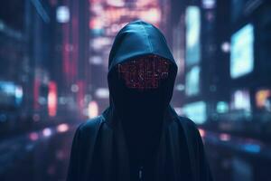 a person wearing a hooded robe in front of a city at night generative ai photo