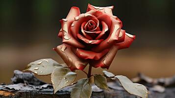 a red rose sitting on top of a tree stump generative ai photo