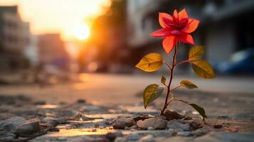 a red rose growing out of the ground in the middle of a city street generative ai photo