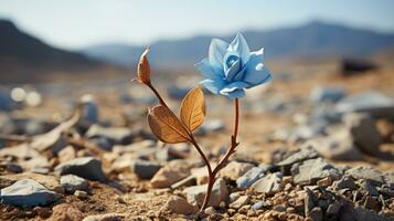 un soltero azul flor es creciente fuera de el suelo generativo ai foto