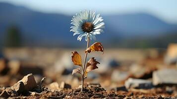 un soltero azul flor creciente fuera de el suelo en el medio de un campo generativo ai foto