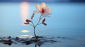 a single flower growing out of the water at sunset generative ai photo