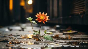 a single orange flower growing out of a puddle in the rain generative ai photo