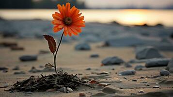 a single orange flower growing out of the ground on a sandy beach generative ai photo