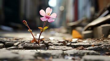 a single pink flower is growing out of a crack in the pavement generative ai photo