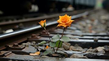 a single orange rose growing out of the side of a train track generative ai photo