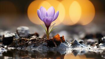 a single purple flower is growing out of the ground generative ai photo
