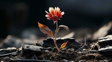 a single red flower is growing out of the ground generative ai photo