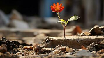 a single red flower is growing out of a pile of rubble generative ai photo