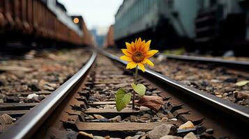 un soltero girasol creciente en el pistas de un tren pista generativo ai foto