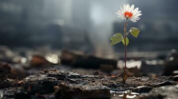 a single white flower growing out of the ground in the middle of a pile of dirt generative ai photo