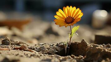 un soltero amarillo flor es creciente fuera de el suelo foto