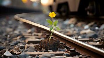 a single yellow flower is growing out of the ground on a railroad track generative ai photo