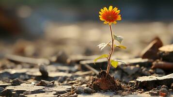 a single yellow flower is growing out of the ground photo