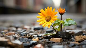 a single yellow flower is growing out of the ground generative ai photo