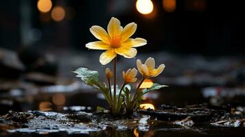 a single yellow flower is growing out of the mud generative ai photo