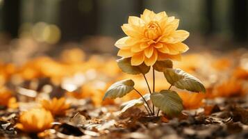 a single yellow flower is standing in the middle of leaves generative ai photo