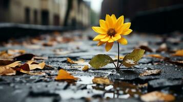 a single yellow flower sits in the middle of a puddle generative ai photo