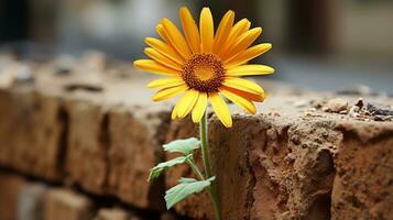 a single yellow sunflower growing out of a brick wall generative ai photo