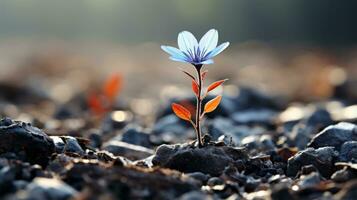 un pequeño azul flor es creciente fuera de el suelo generativo ai foto