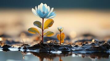 un pequeño azul flor es creciente fuera de el barro generativo ai foto